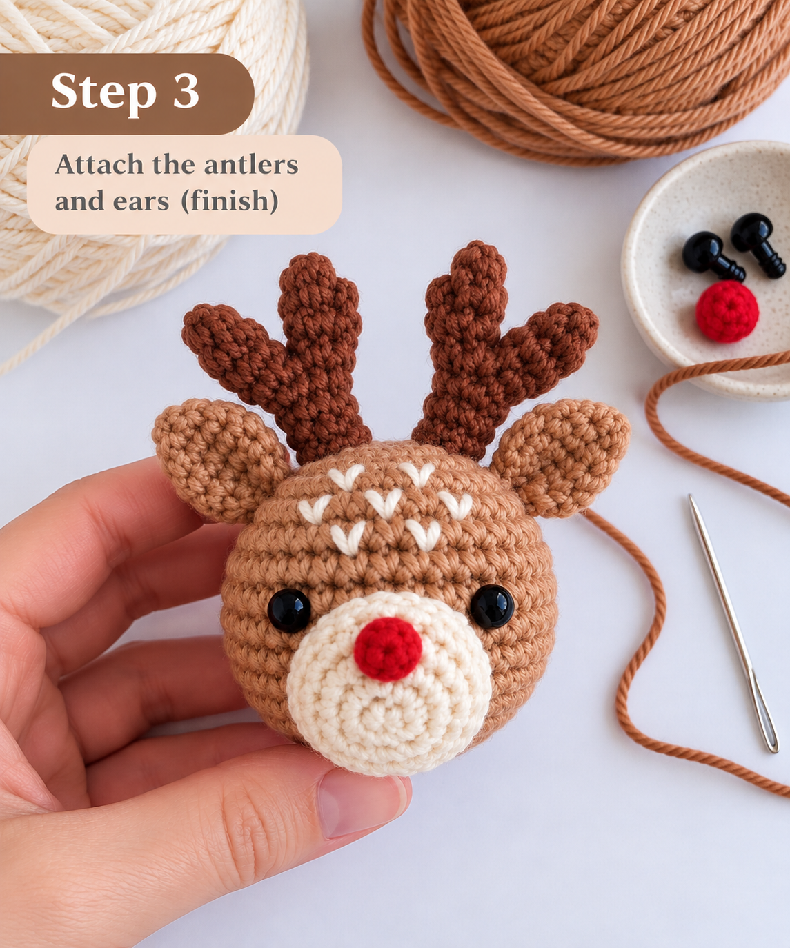 Step 3 finished crochet reindeer with ears and antlers