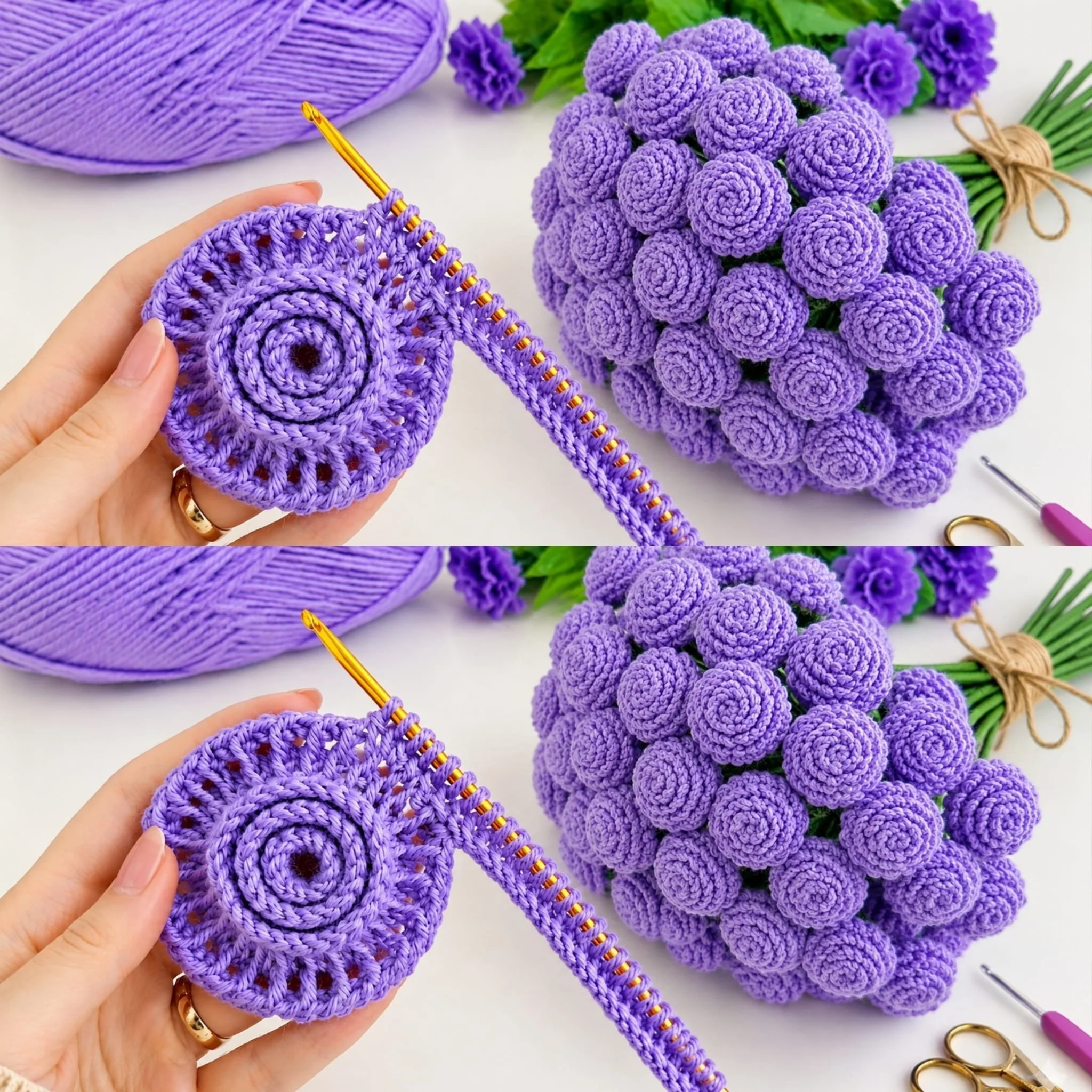 Tunisian crochet flower bouquet with leaves for home decor